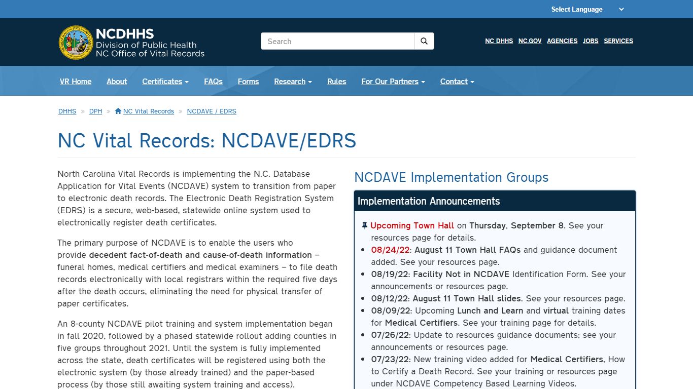 NCDHHS: DPH: NC Vital Records: NCDAVE / EDRS