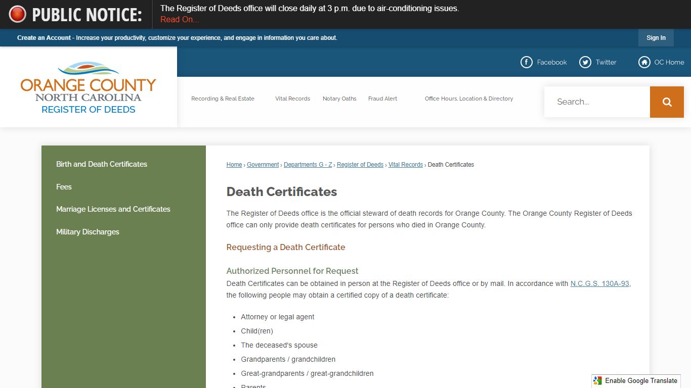 Death Certificates | Orange County, NC